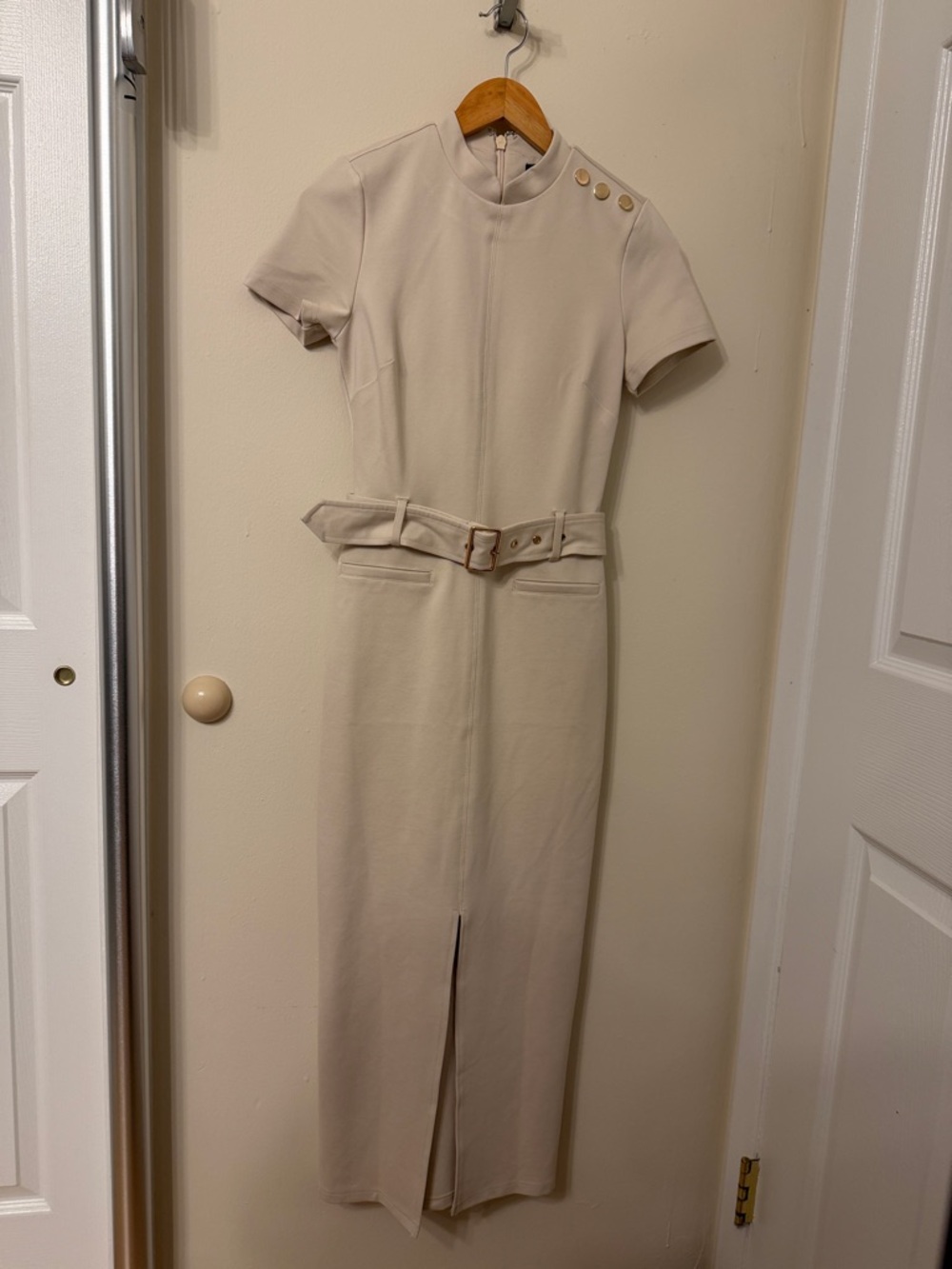 Karen Millen Cream Tailored Dress with Belted Waist
